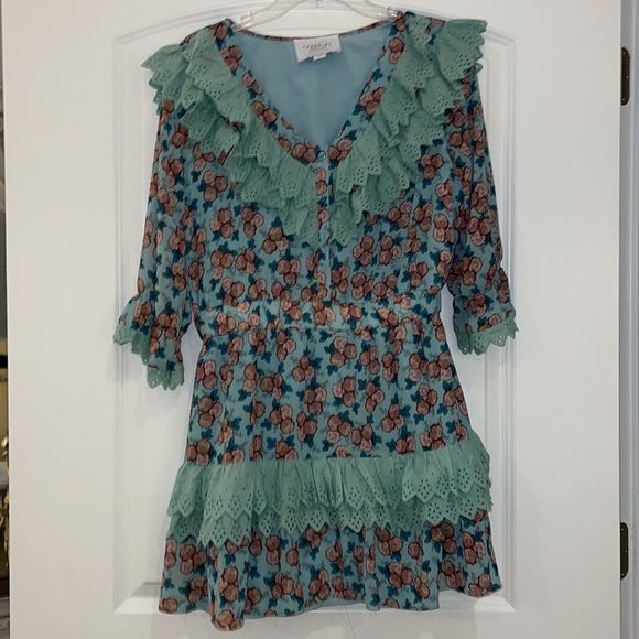 The Shirt By Rochelle Behrens Floral Blue Eyelet Mini Dress Size Large - Picture 2 of 5